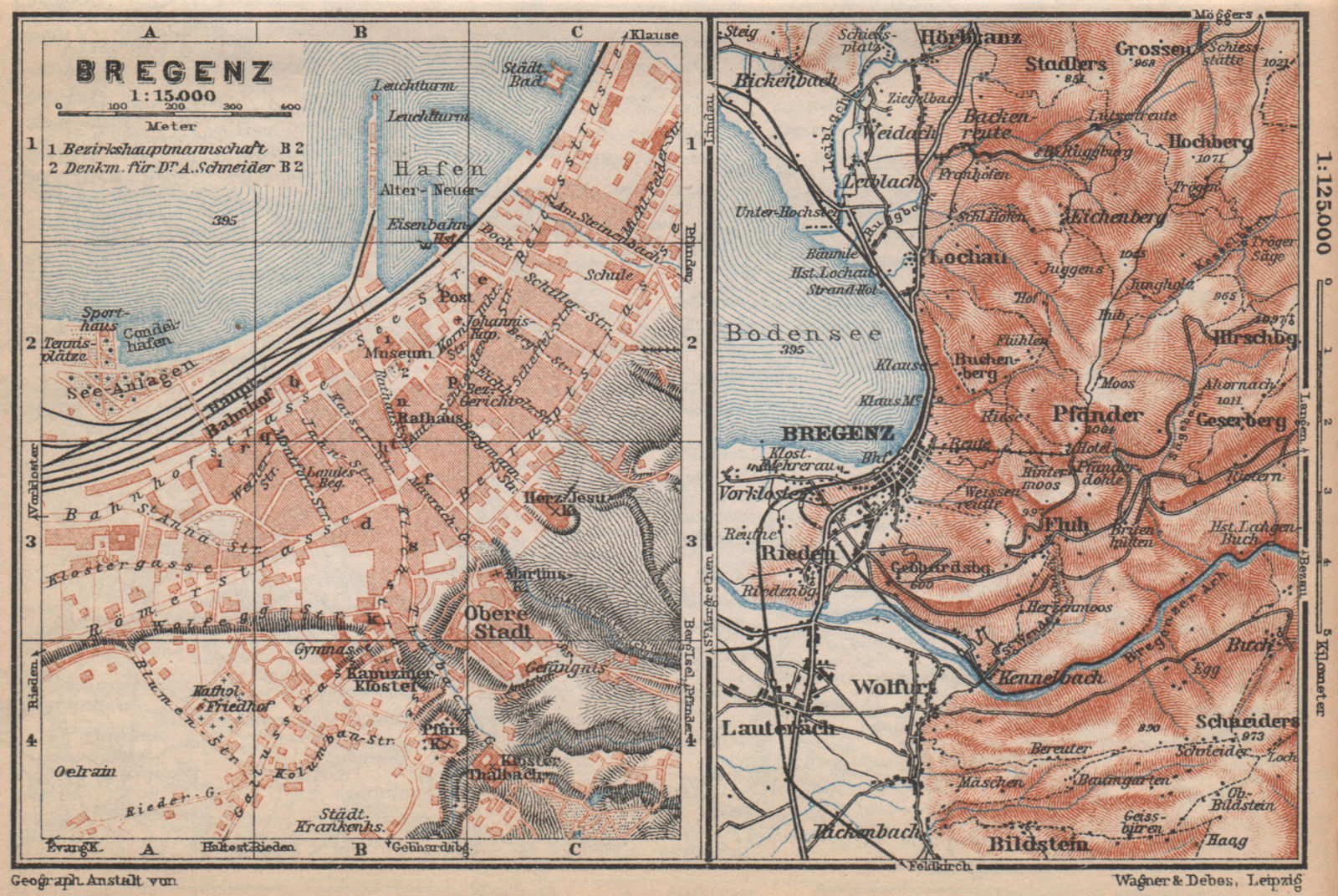 BREGENZ town city stadtplan and environs. Österreich Austria karte 1929 map